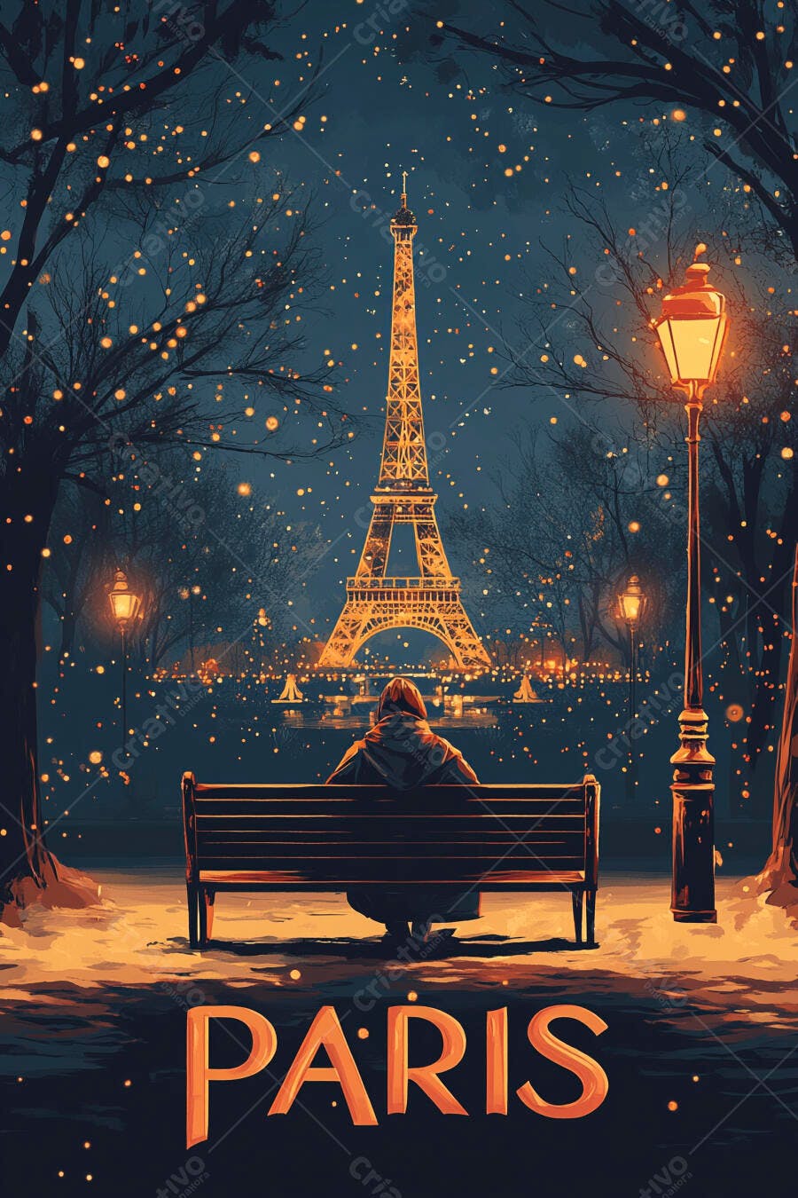 Pessoa em banco de parque com Torre Eiffel iluminada à noite em Paris