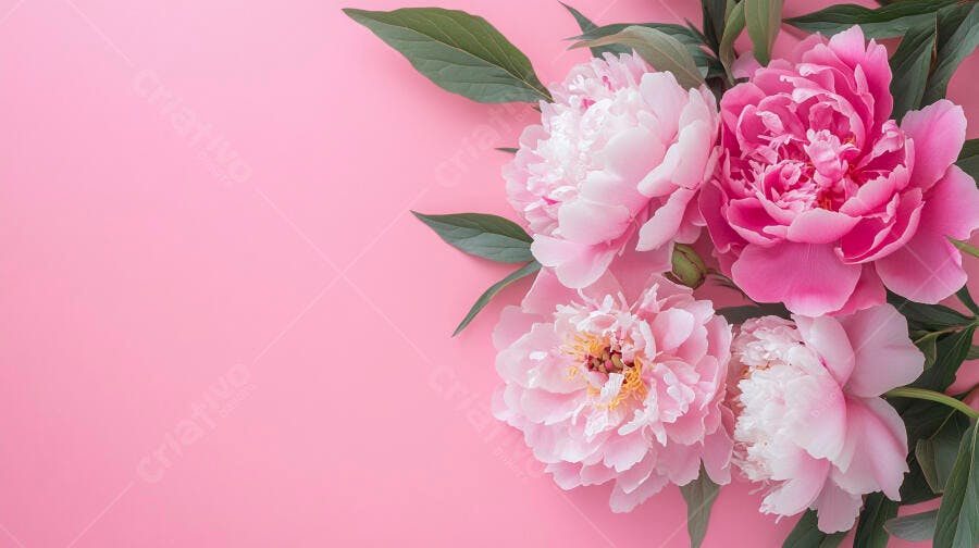 Peônias rosas e magenta com folhas verdes em fundo pastel delicado