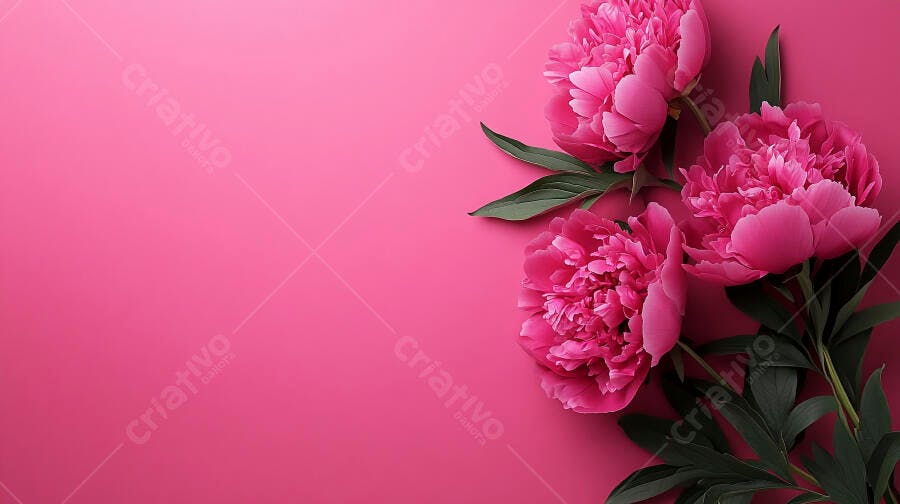 Três peônias rosas vibrantes com folhas verdes em fundo rosa claro