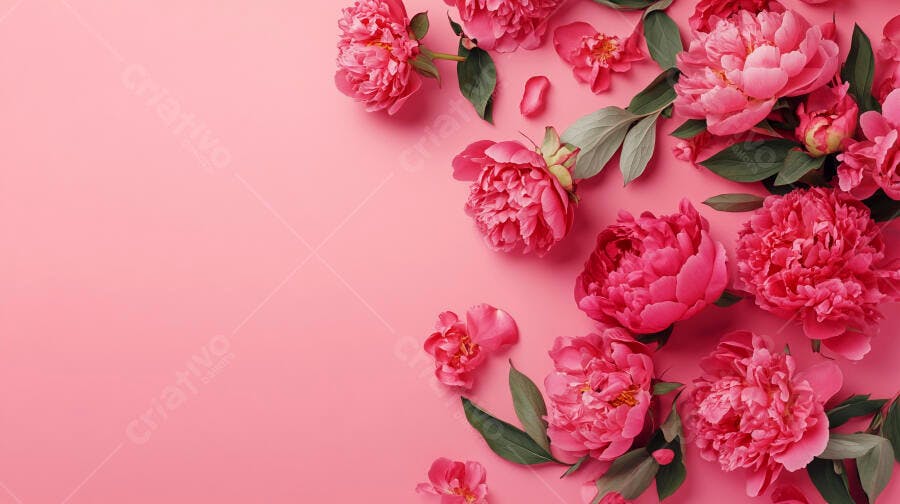Peônias rosa vibrantes e folhas verdes dispostas em fundo liso