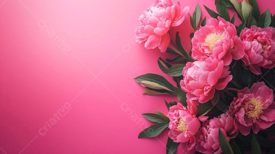 Peônias rosa vibrante e folhas verdes em arranjo sobre fundo liso com espaço