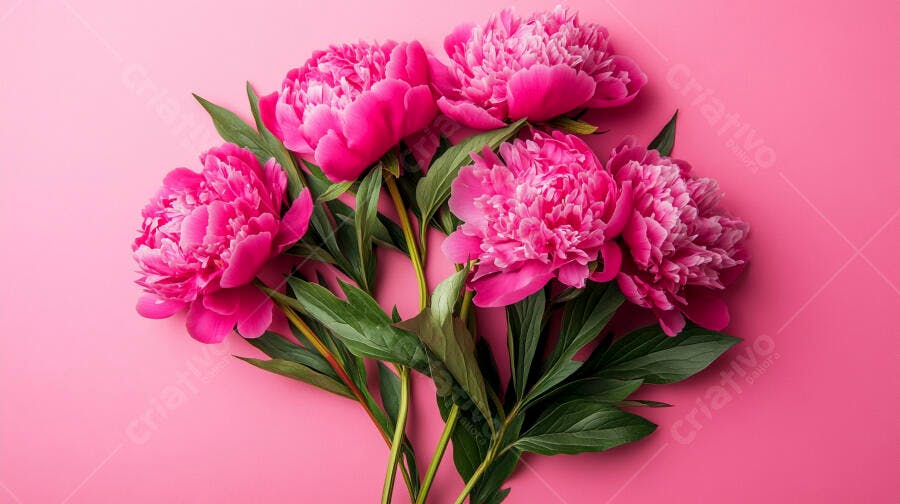 Peônias rosa vibrantes com folhas verdes em fundo liso rosa claro