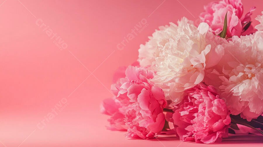 Buquê de peônias rosas e brancas sobre fundo rosa suave