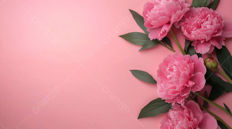 Peônias rosa frescas com folhas verdes em fundo pastel para design