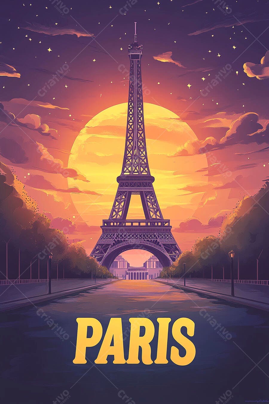 Torre Eiffel em Paris ao pôr do sol com céu laranja e roxo arte