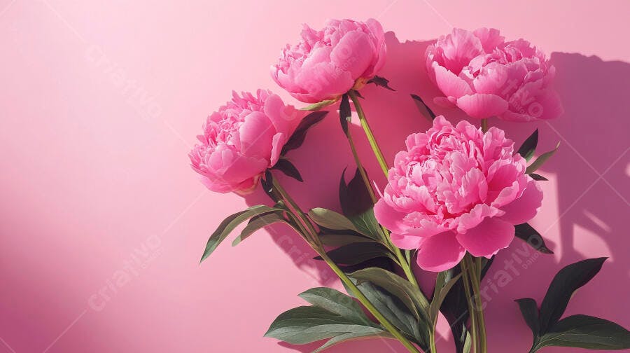 Peônias rosa vibrantes com folhas verdes em fundo monocromático