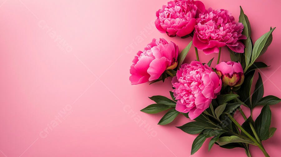 Buquê de peônias rosa vibrantes com folhas verdes em fundo liso