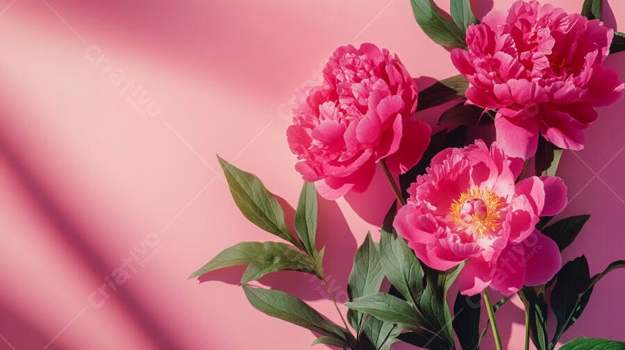 Peônias rosa vibrantes com folhas verdes em fundo pastel com sombras