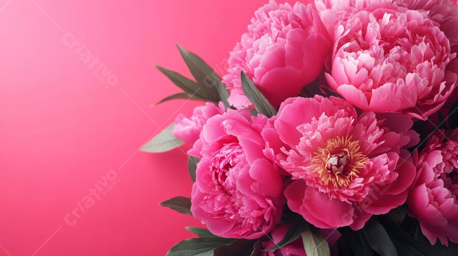 Peônias rosas vibrantes em buquê festivo com fundo rosado