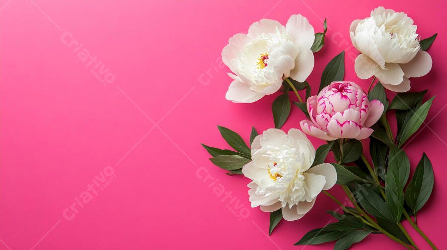 Flores de peônia brancas e rosa vibrantes em fundo pink