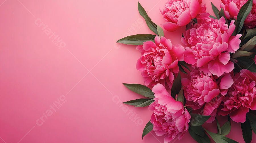 Peônias rosa vibrante e folhas verdes em fundo rosa delicado