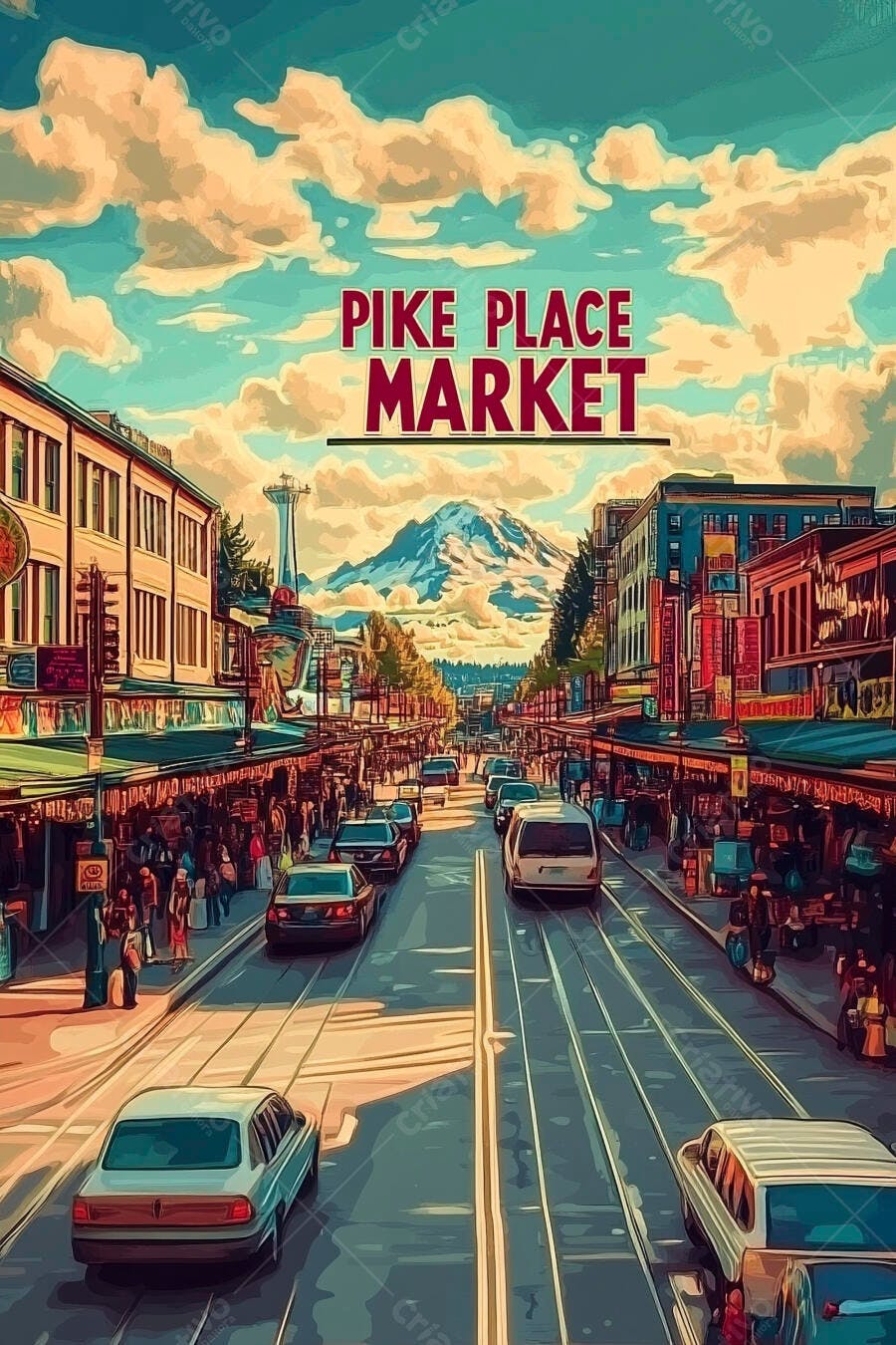 Mercado Pike Place Seattle rua movimentada com Space Needle e montanha