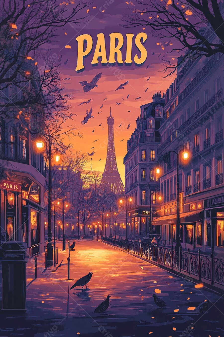 Paris rua vibrante ao entardecer com Torre Eiffel e pássaros voando