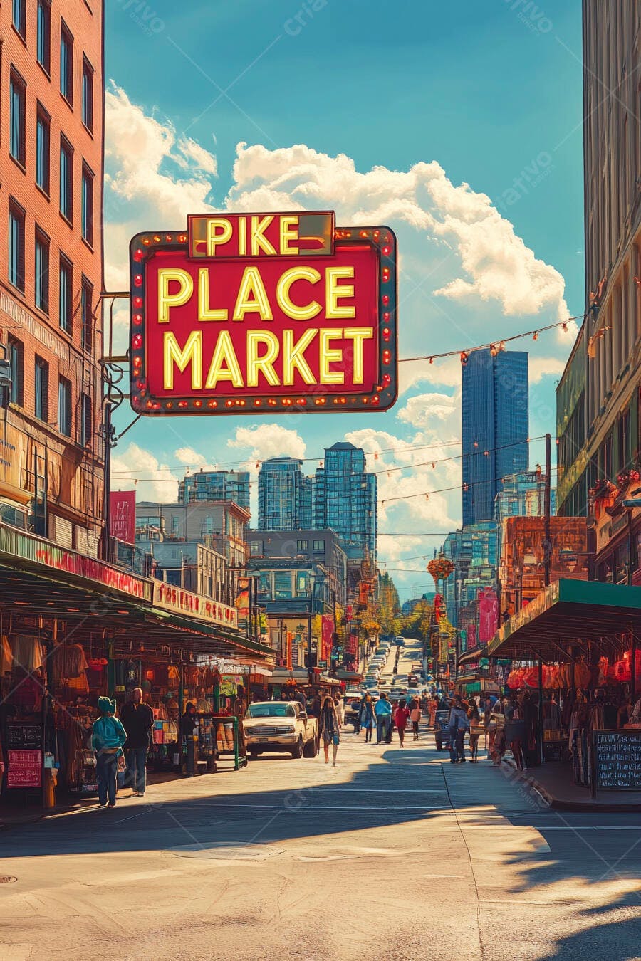 Letreiro vermelho Pike Place Market em rua movimentada de Seattle ensolarada