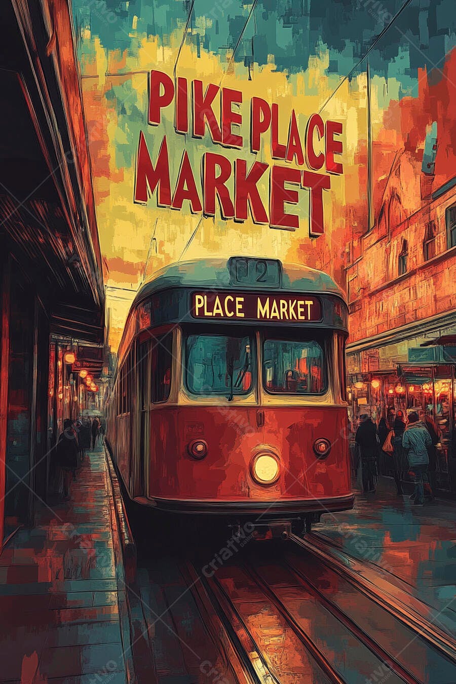 Bonde vermelho vintage em Pike Place Market Seattle arte vibrante urbana