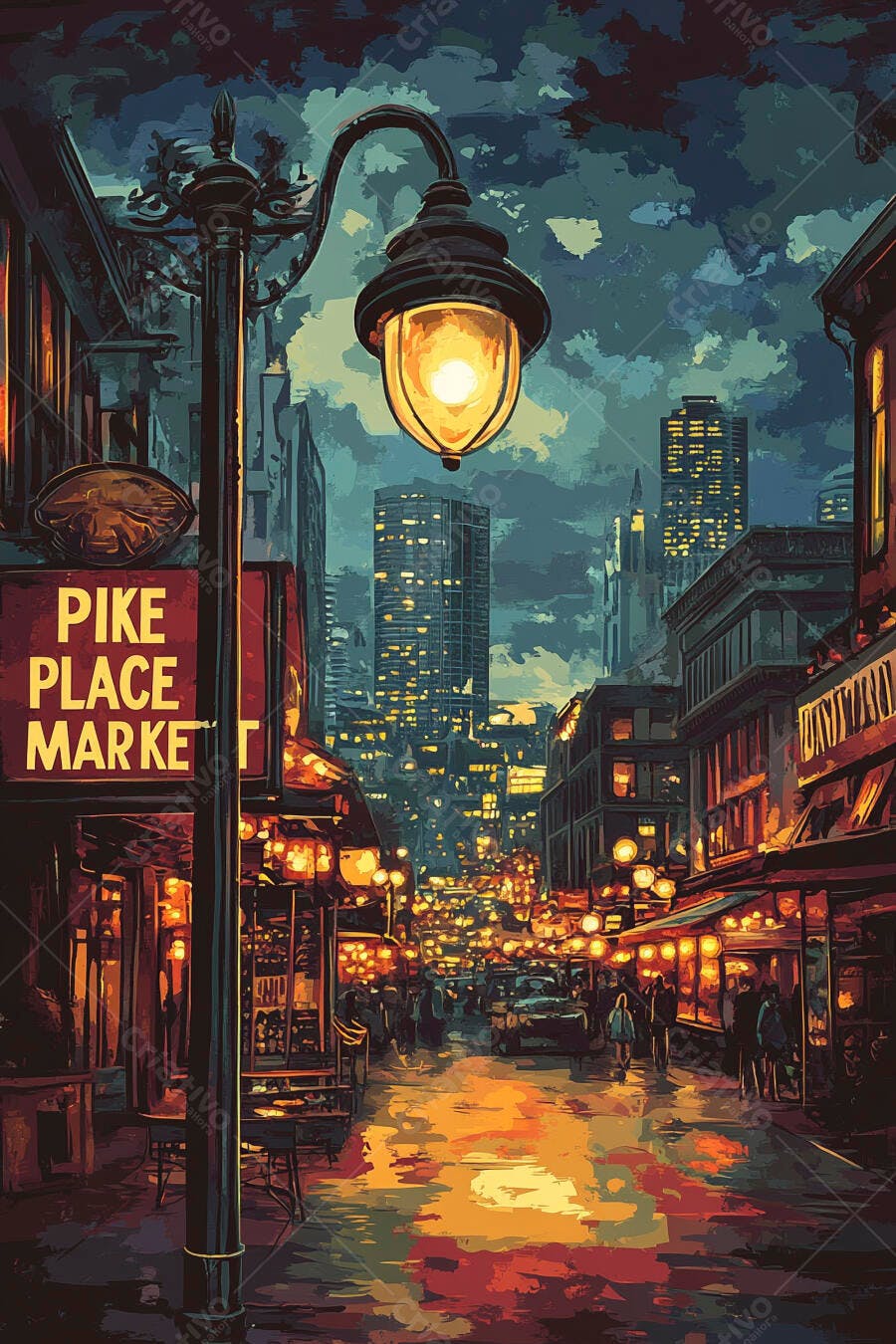 Rua do Mercado Pike Place à noite com poste de luz e edifícios iluminados