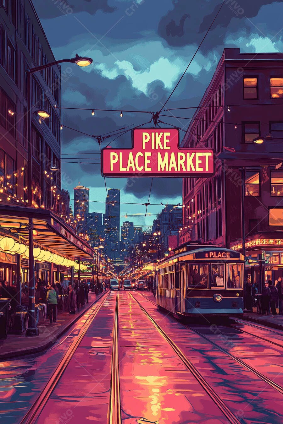 Bonde elétrico na rua movimentada do Pike Place Market ao anoitecer