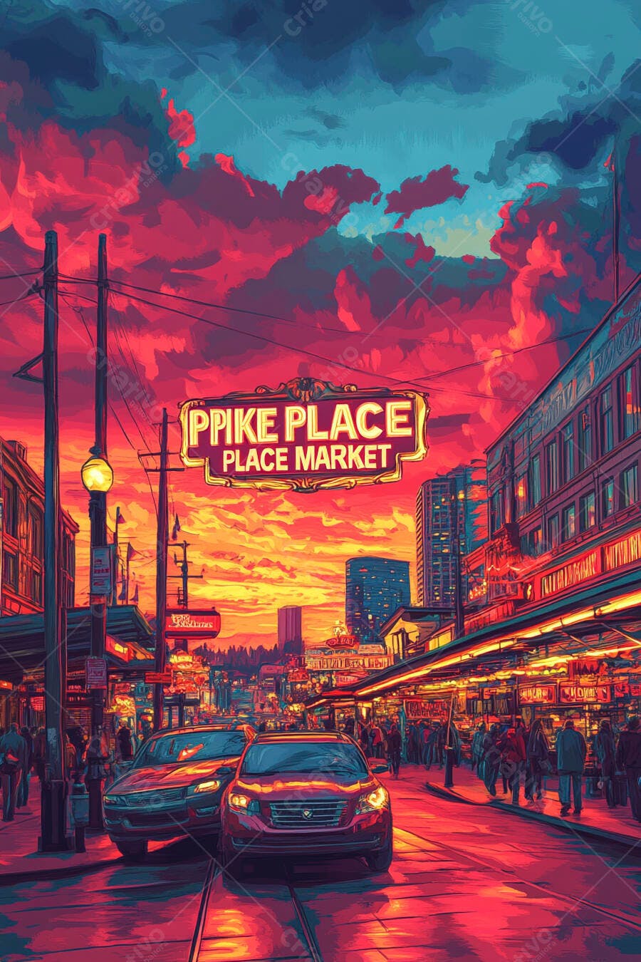 Mercado Pike Place ao pôr do sol urbano vibrante com carros e pessoas