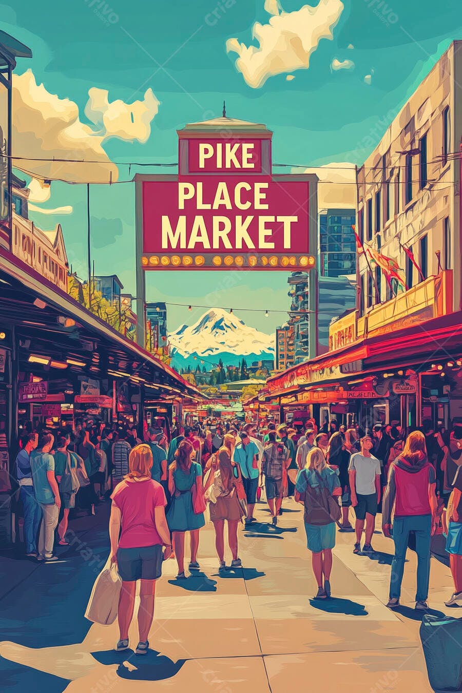Mercado Pike Place movimentado em Seattle com montanha Rainier ao fundo