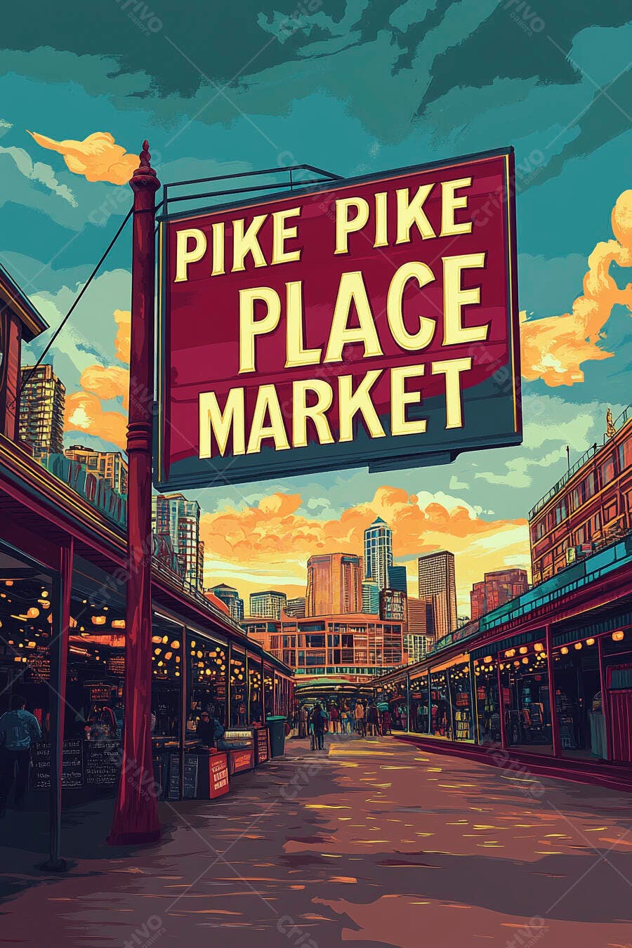 Placa do Mercado Pike Place em Seattle ilustração vibrante atardecer na cidade