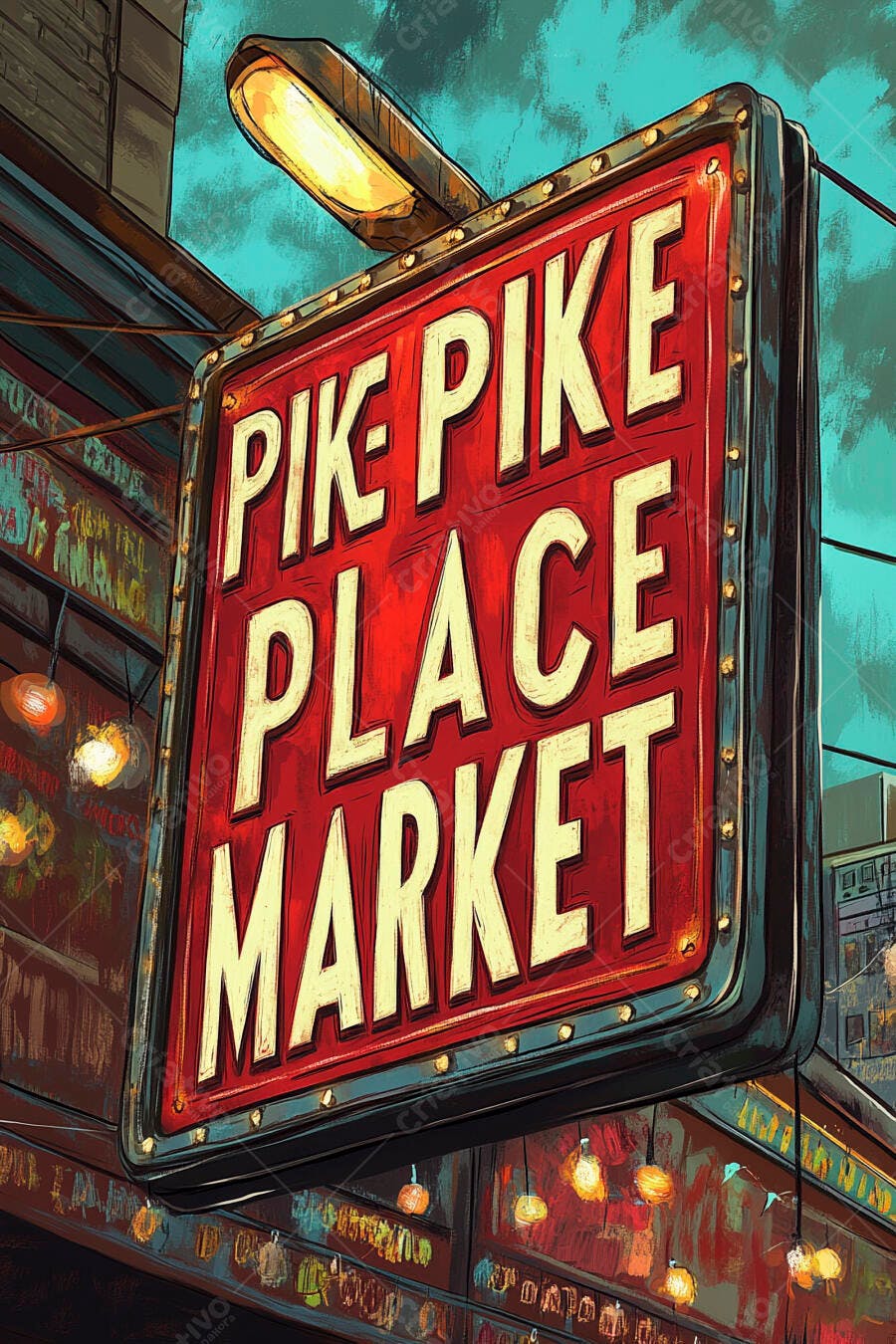 Letreiro Pike Place Market vermelho iluminado à noite estilo ilustração