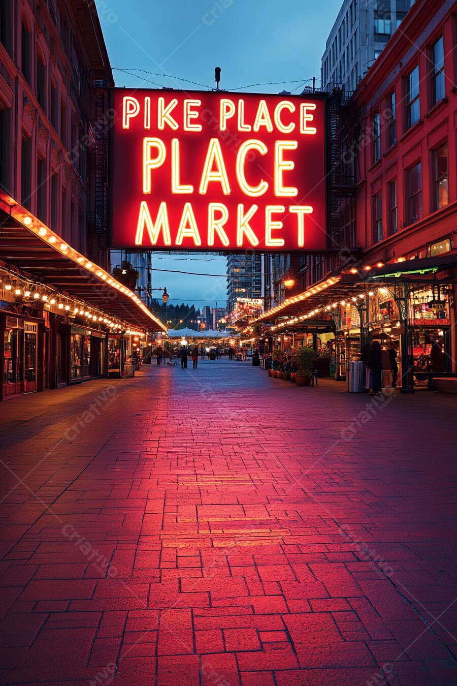 Pike Place Market rua movimentada à noite com letreiro neon vermelho