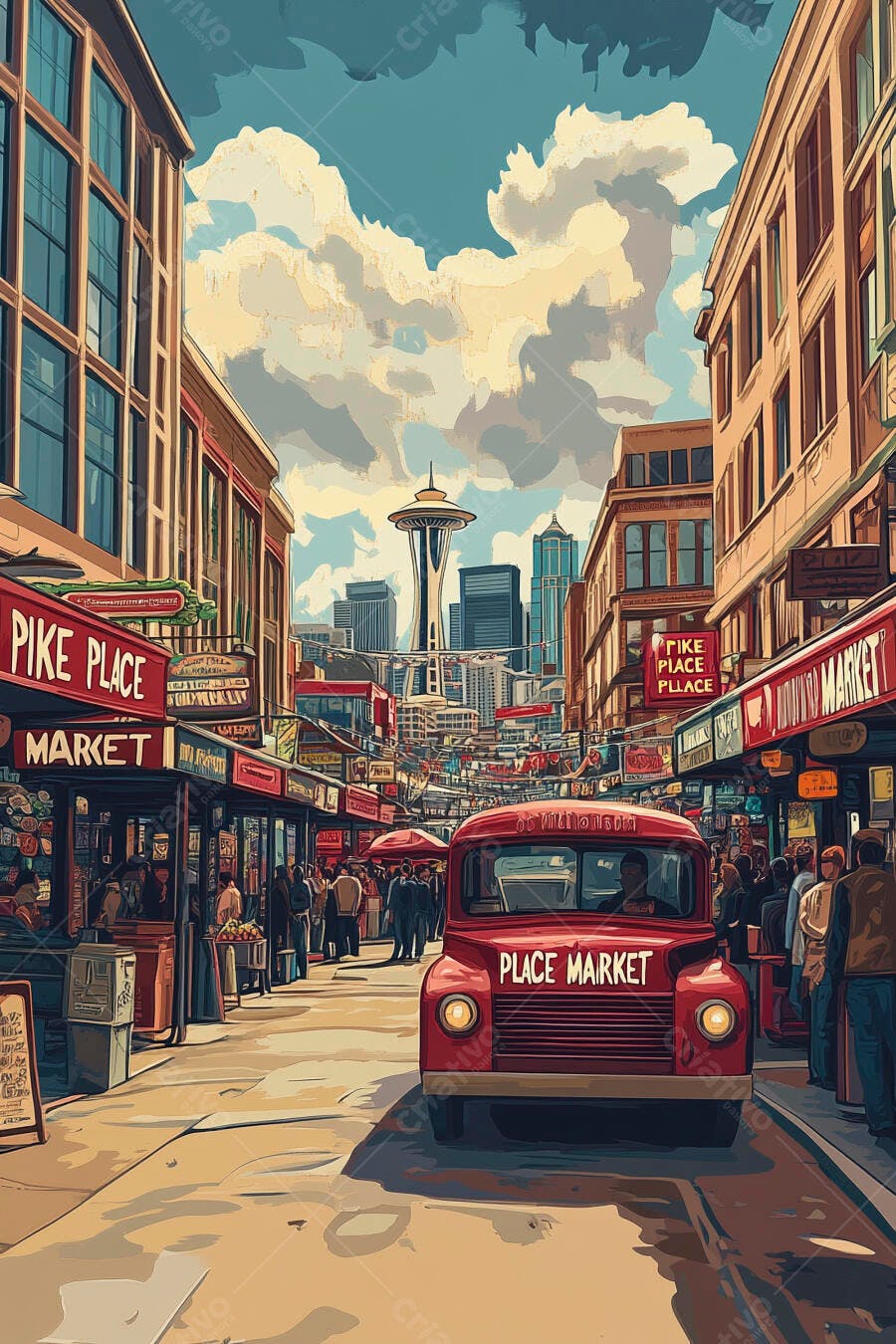 Mercado Pike Place Seattle caminhão vermelho Space Needle ilustração