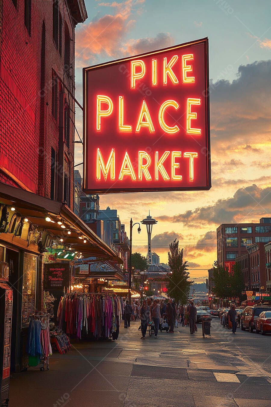 Letreiro neon Pike Place Market Seattle ao pôr do sol movimentado