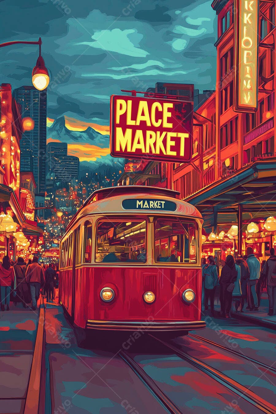 Bonde vermelho em Place Market cidade movimentada ao anoitecer