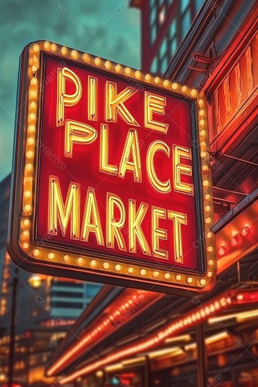 Letreiro neon vibrante Pike Place Market vermelho e amarelo em Seattle