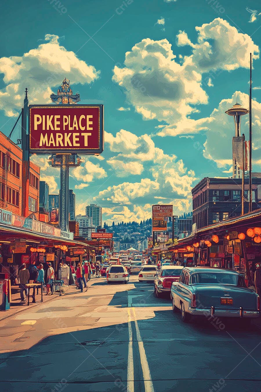 Pike Place Market Seattle rua movimentada carros clássicos e Space Needle