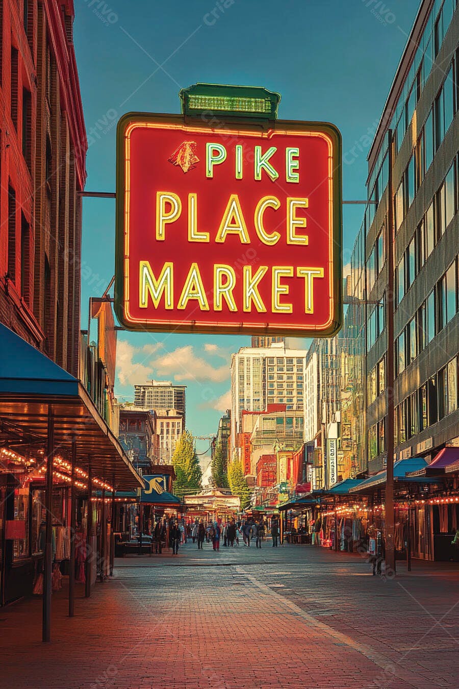 Placa neon Pike Place Market rua movimentada em Seattle com prédios e pessoas