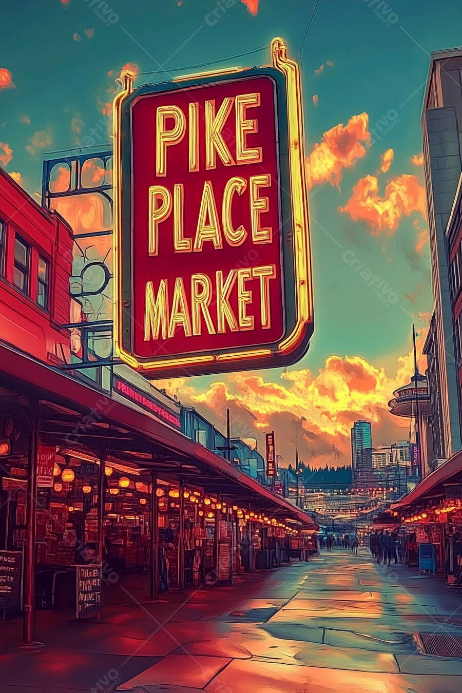 Sinal neon Pike Place Market ao pôr do sol vibrante