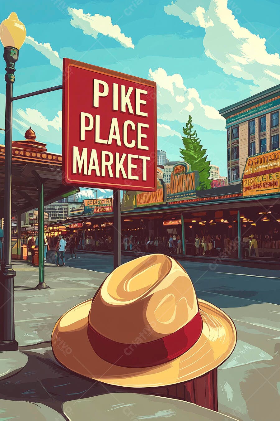 Chapéu de palha amarelo e vermelho com letreiro do Pike Place Market em dia ensolarado
