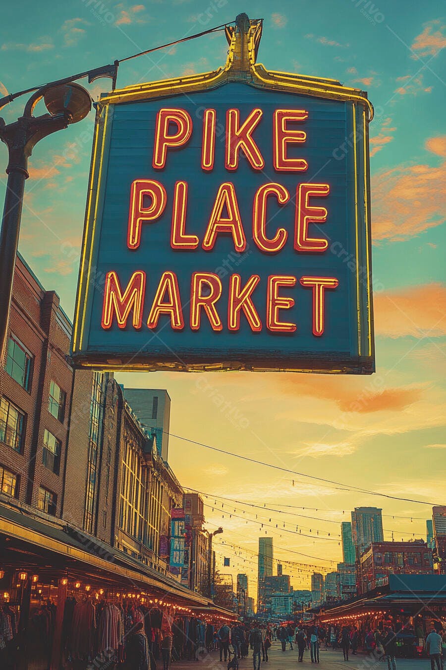Letreiro neon Pike Place Market ao pôr do sol em mercado movimentado