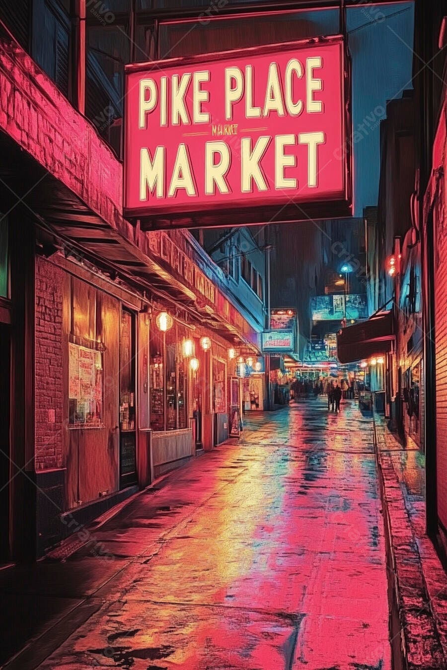 Letreiro neon vermelho Pike Place Market em rua molhada noturna