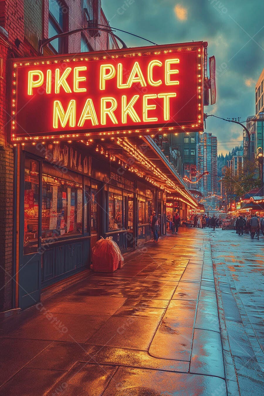 Pike Place Market letreiro vermelho neon iluminando rua molhada à noite
