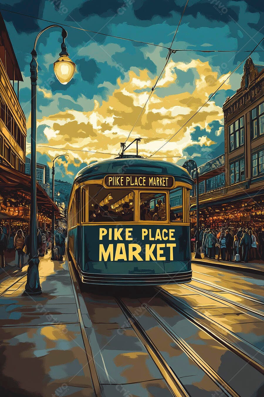Bonde vintage azul dourado no Pike Place Market Seattle ao entardecer