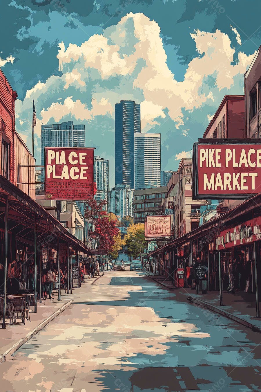 Mercado Pike Place Seattle em dia ensolarado movimentado