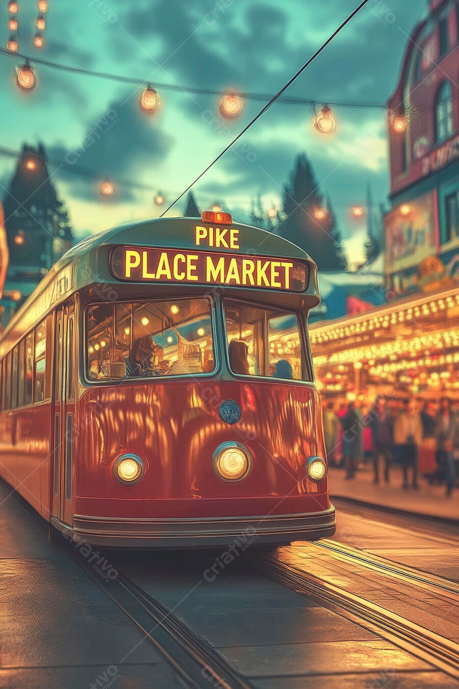 Bonde elétrico vermelho em Pike Place Market à noite com luzes quentes