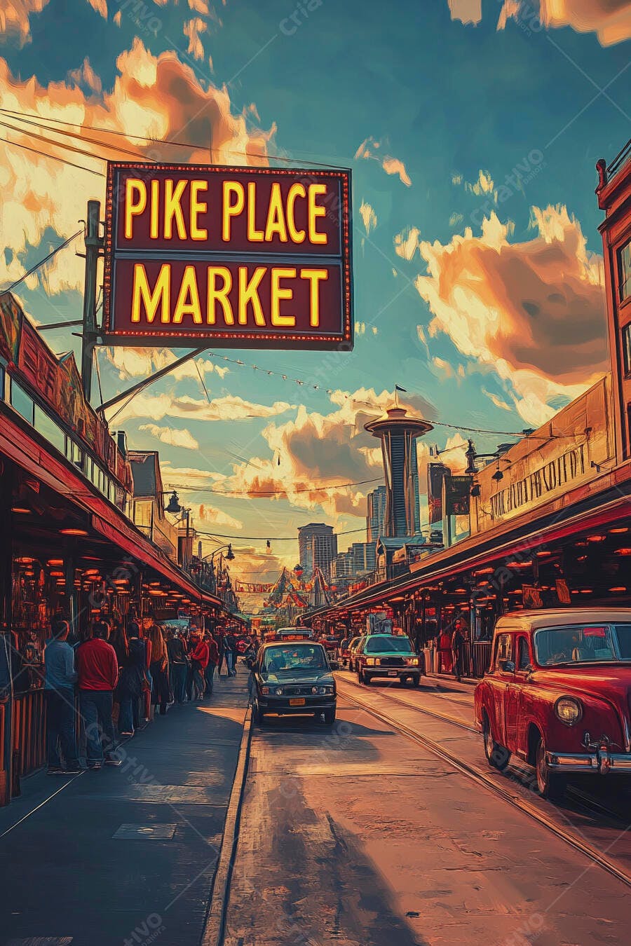 Pike Place Market Seattle rua movimentada carros antigos pôr do sol laranja e azul