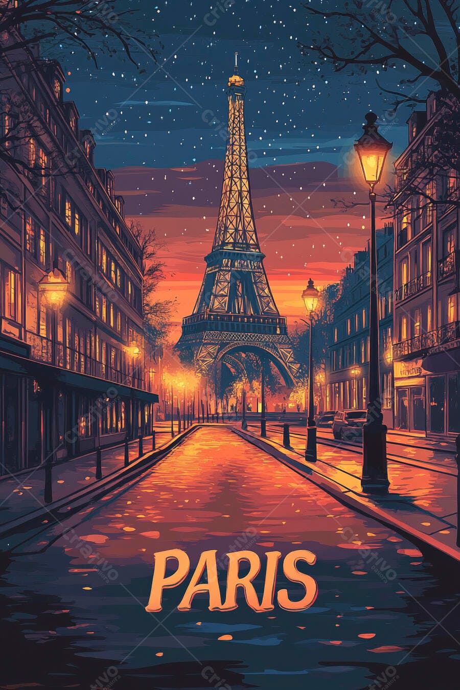 Ilustração Torre Eiffel em rua parisiense ao crepúsculo com luzes amarelas e céu azul