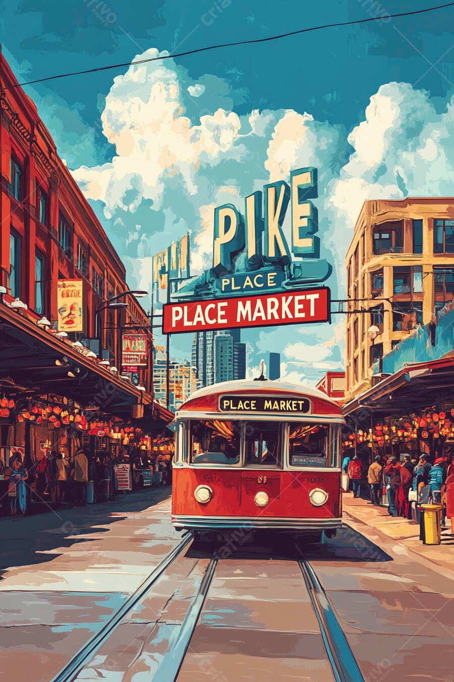 Bonde vermelho no Pike Place Market Seattle com pessoas e lojas vibrantes