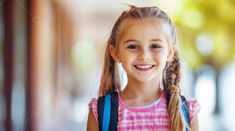 Menina feliz com mochila azul e camisa rosa xadrez sorrindo para a escola