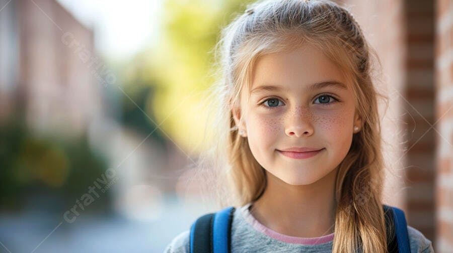 Menina loira sorrindo com mochila azul na escola ensolarada