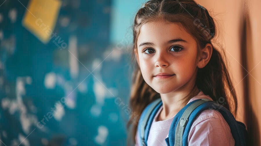 Menina estudante sorrindo feliz com mochila azul na escola