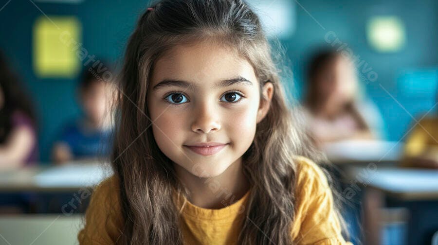 Menina estudante de cabelos castanhos sorrindo feliz em sala de aula amarela e azul