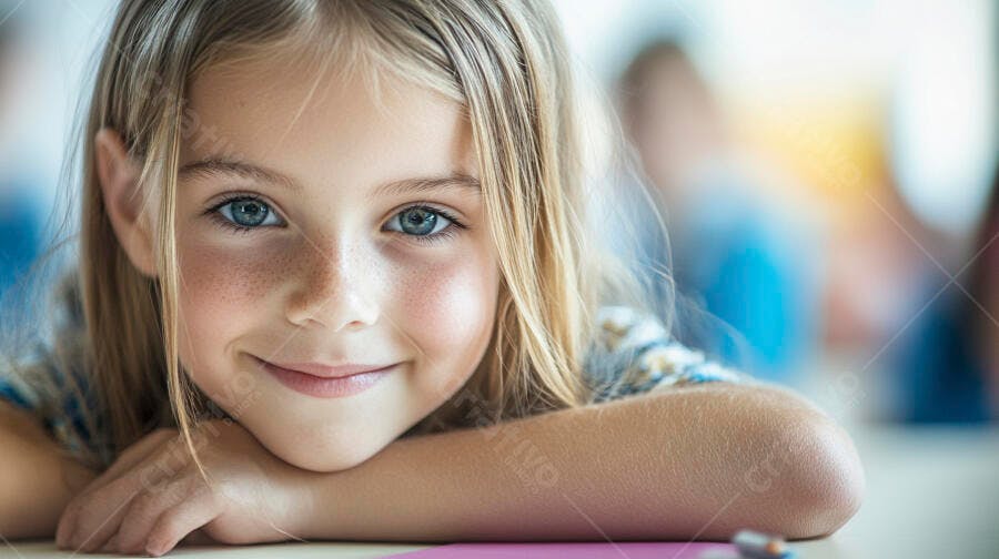 Menina loira com olhos azuis e sardas sorrindo em sala de aula