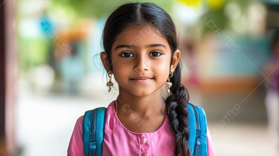 Menina indiana sorridente com mochila azul rosa na escola