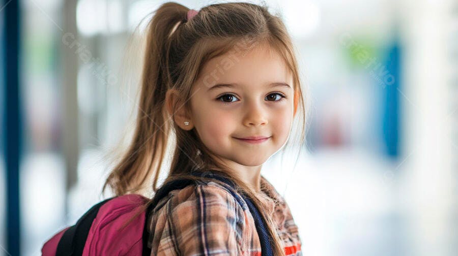 Menina feliz com mochila rosa e camisa xadrez em corredor de escola
